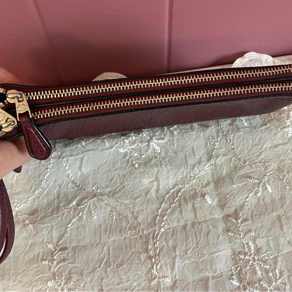 Coach Double Zippered Wallet Wristlet. Burgundy pebbled leather. - Picture 7 of 9
